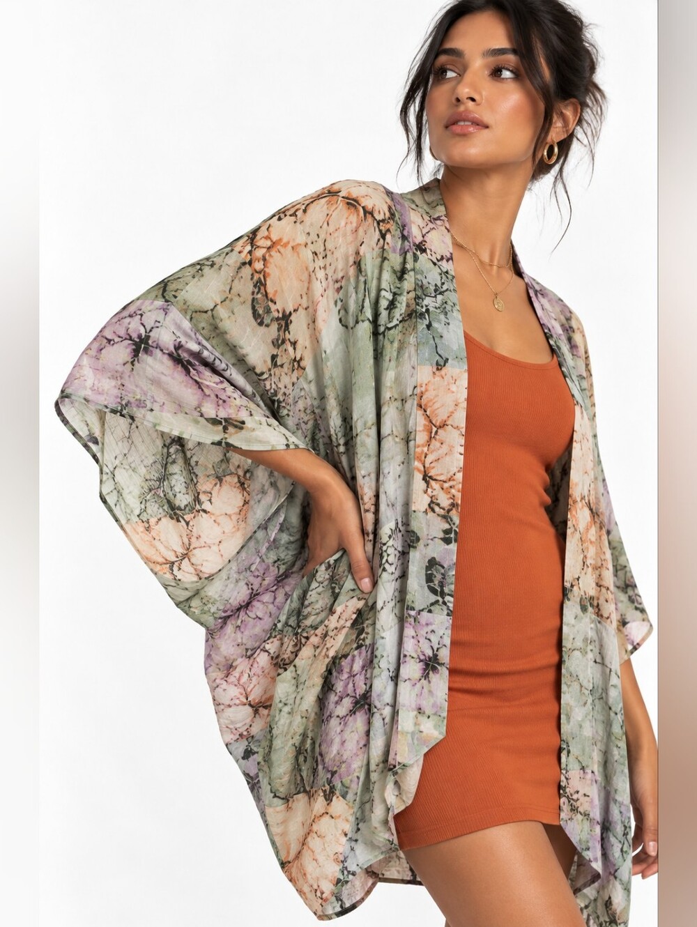 World Market Abstract Floral Kimono Duster One Size Green Purple Rayon